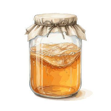 Kombucha brewing jar with scoby flat lay for healthy drinks blogs and probiotic beverage recipe websites