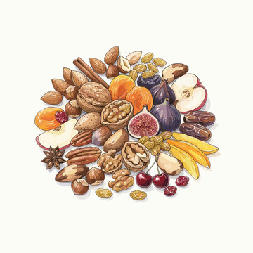 Mixed nuts and dried fruits arrangement flat lay for healthy snack blogs diet websites and trail mix recipes