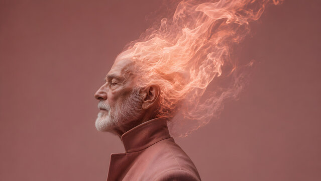 Profile portrait of an elderly man with his head engulfed in ethereal flames against a solid muted pink background