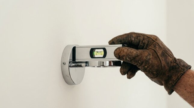 A hand wearing a brown work glove using a spirit level to align a wall bracket.