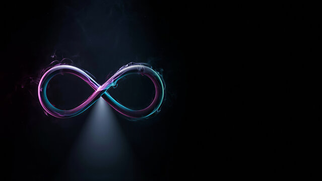 Glowing infinity symbol on black background. Abstract neon loop sign representing eternity.