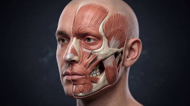 Facial anatomy human muscle anatomical model head skinless face medical illustration realistic educational male detailed structure expression
