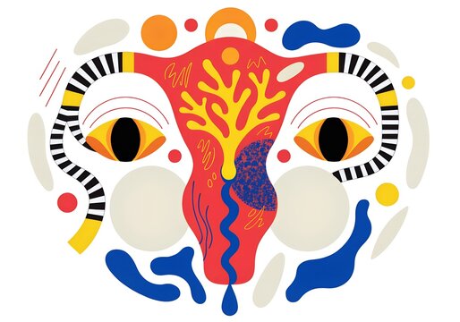 Abstract illustration of human uterus with eyes and colorful geometric patterns