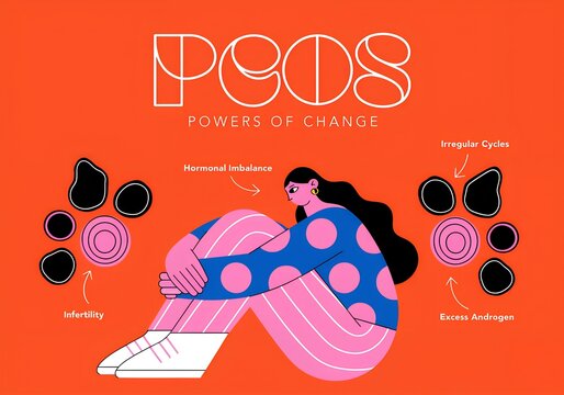 Educational poster about pcos symptoms and hormonal imbalance with a sad woman illustration on orange background