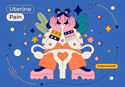 Educational poster about pcos symptoms and hormonal imbalance with a sad woman illustration on orange background
