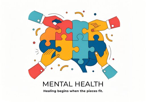 People hands putting together a colorful brain puzzle representing mental health awareness and healing