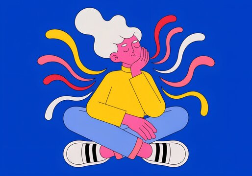 Young woman sitting in a relaxed pose with colorful abstract energy swirls around her