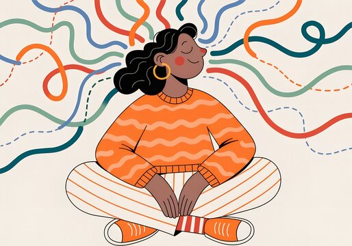 Young woman sitting in meditation pose with colorful abstract lines behind her head representing creative thoughts and mental focus