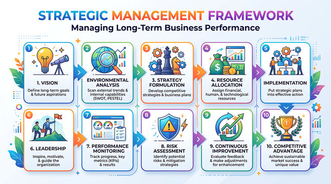 Strategic Management Framework infographic, business performance process chart with 10 steps, corporate planning and strategy development diagram