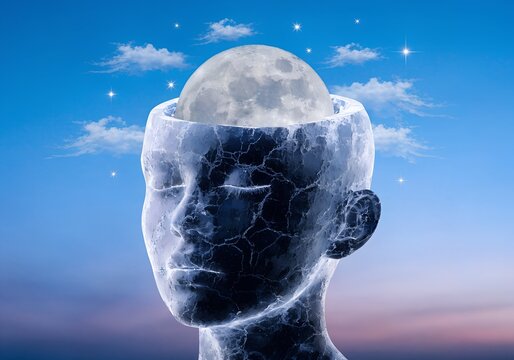 Surreal human head silhouette with a glowing full moon inside the brain against a starry night sky
