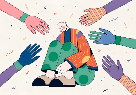 Sad person sitting alone surrounded by many hands reaching out for support and help
