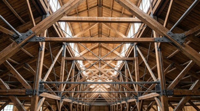 Intricate wooden roof trusses in an old historic warehouse.
