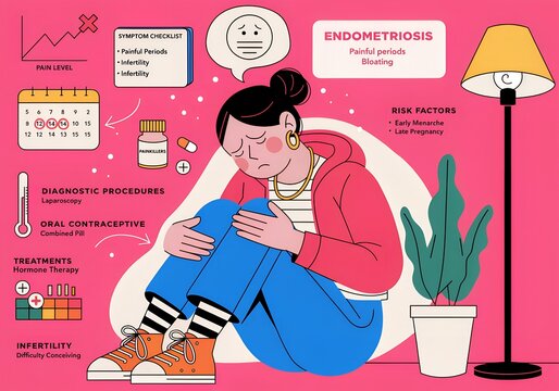 Sad woman suffering from endometriosis pain with medical symptoms checklist and treatment information icons