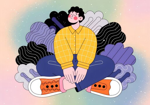 Young man sitting and relaxing with calm expression and abstract shapes background