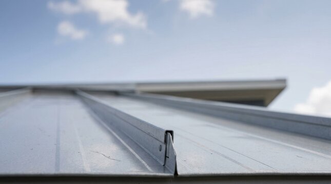 Modern metal roofing structure with standing seam panels against blue sky.
