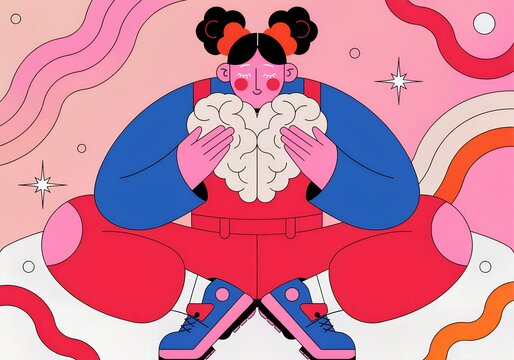 Young woman holding a brain shaped like a heart in her hands with pink background