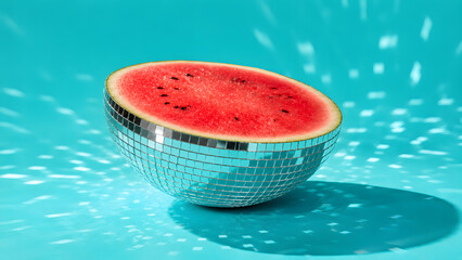 A creative conceptual image of a watermelon half transformed into a disco ball, casting light reflections on a bright turquoise background