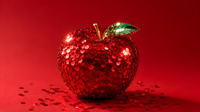 A creative conceptual shot of a red apple covered in sparkling sequins, with a matching sequined leaf, set against a vibrant solid red background
