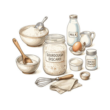 Sourdough discard with pancake ingredients flat lay for zero waste baking blogs and breakfast recipe websites