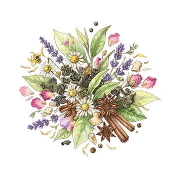 Tea leaves and dried flowers composition flat lay for herbal tea blogs wellness websites and botanical decor designs