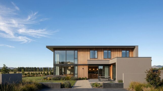Modern luxury house with wood and concrete facade under clear blue sky.