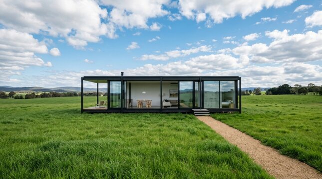 Modern minimalist glass house in a green field.