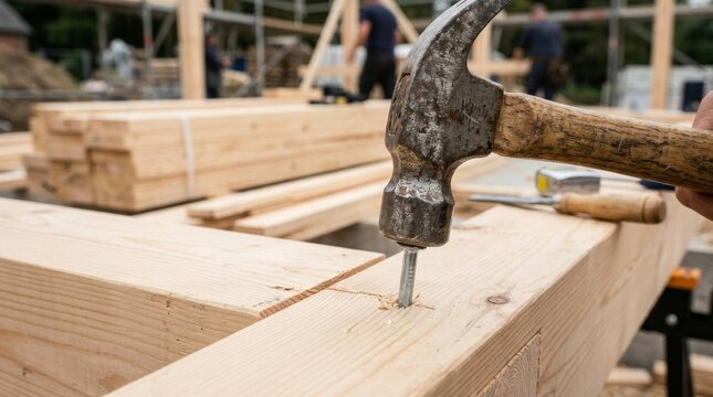 Carpenter Hammering a Nail into a Wooden Beam on a Construction Site.