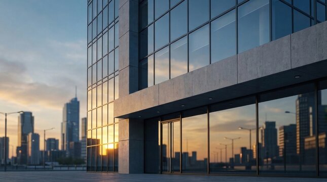Corporate Identity: Modern office headquarters standing against urban skyline 