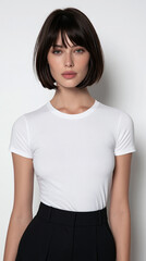Fototapeta premium beautiful western fashion model with dark brown bob haircut, upper body studio portrait of elegant western fashion model in white t shirt
