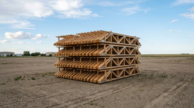 Stack of wooden roof trusses at a construction site.