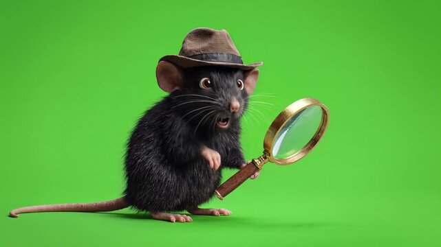 3D Animated Detective Rat with Magnifying Glass on Green Screen
