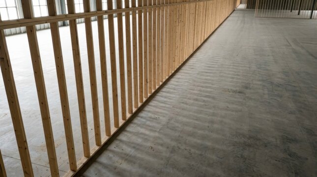 Wooden slat partition wall inside an empty modern interior space.