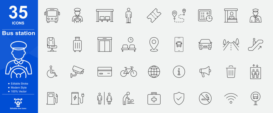 Bus station line icon set with public transportation, terminal, bus stop, schedule, ticket, transit and travel apps