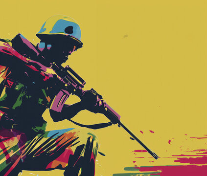 Pop art soldier aiming a rifle on a yellow background