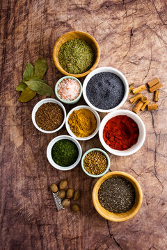 Bowls of assorted seeds and spices