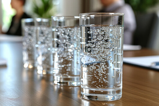 Row of sparkling water glasses on a boardroom table