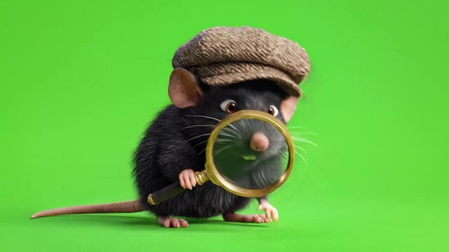 3D Animated Detective Rat with Magnifying Glass on Green Screen
