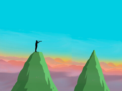 Illustration of man standing on mountaintop looking through telescope at another peak