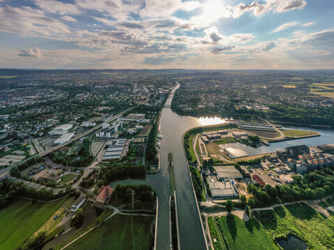 Germany, North Rhine-Westphalia, Minden, Aerial view of town along Mittelland Canal