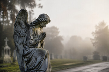 Fototapeta premium Solitary stone angel statue with weathered wings in quiet cemetery, grief and eternal rest concept