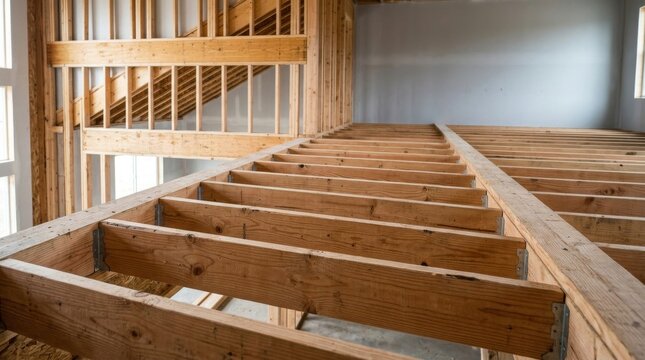 Wooden floor joists structure in a house under construction.
