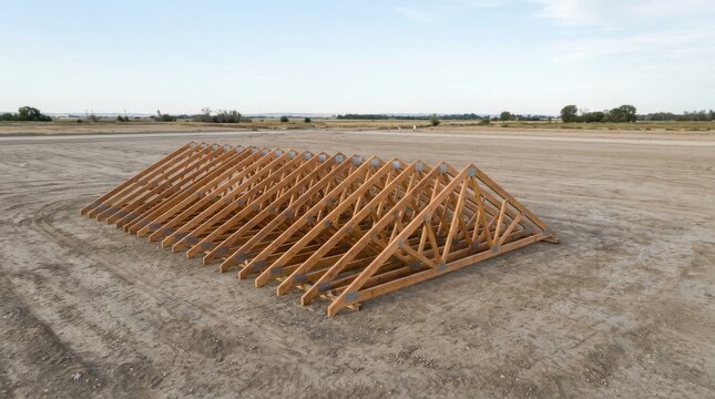 Stack of wooden roof trusses on a construction site.