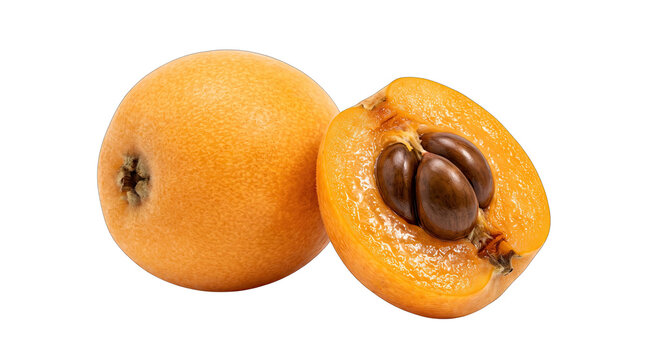 A fresh whole loquat fruit and a half cut loquat with seeds showing isolated on transparent background