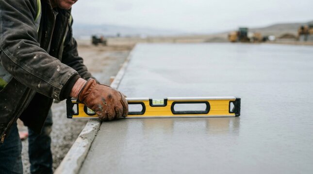 Construction worker checking concrete slab level with spirit tool.