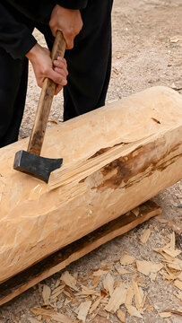 Traditional woodworker shaping a log with an axe during handcrafted woodworking. Timber processing, craftsmanship and woodworking concept.