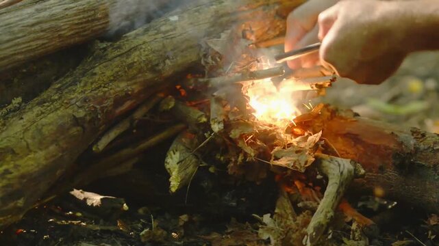 Survivalist using a ferro rod and flint to strike bright sparks and ignite a campfire in the woods. Close up shot of primitive fire starting techniques for bushcraft guides and outdoor tutorials.