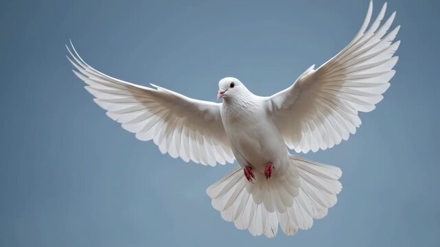 A majestic white dove in flight against a clear blue sky