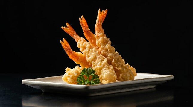 Crispy shrimp tempura served on a plate against a black background.