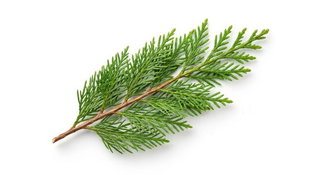 Green cedar branch isolated on a white background.