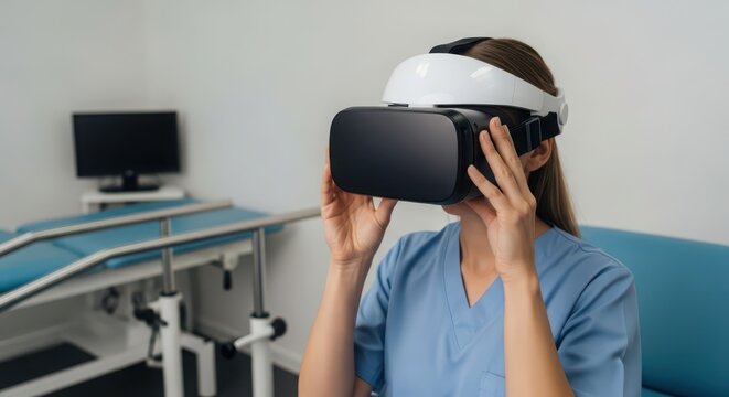 A healthcare professional wearing a virtual reality headset in a medical setting, exploring advanced technology for training and simulation.